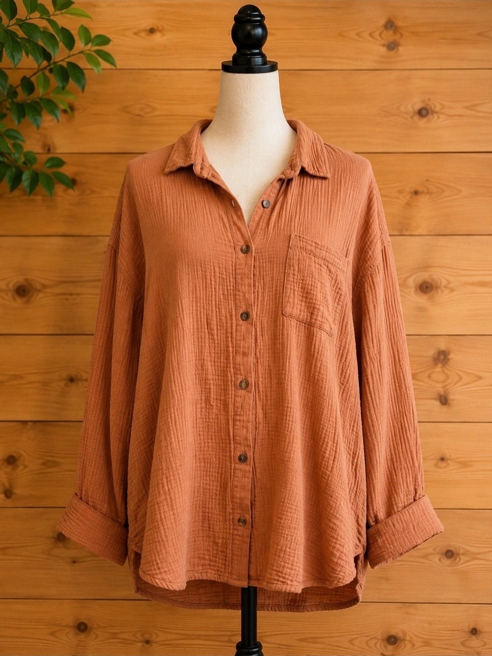 Relaxed Button-Front Cotton Gauze Shirt - Rust
